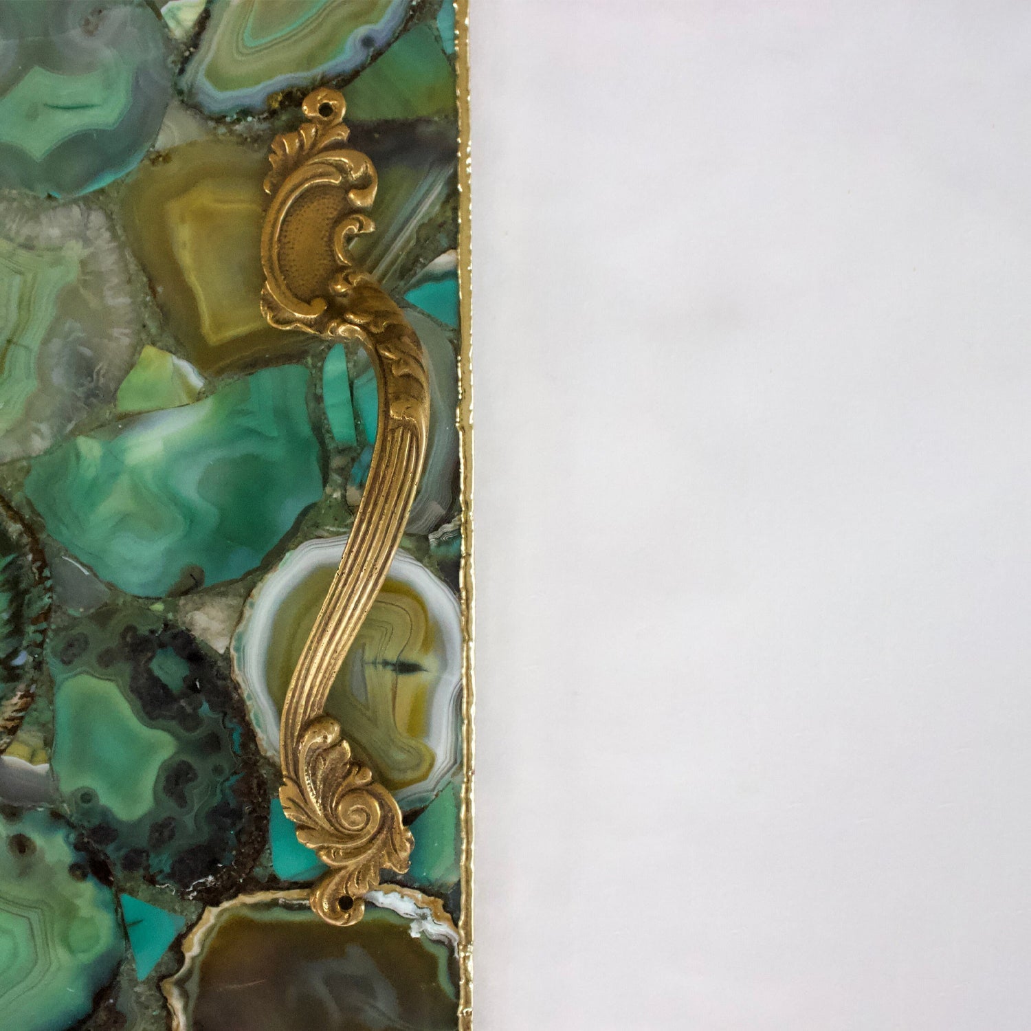 Light Green Agate Serving Tray With Brass Handles | Square-1