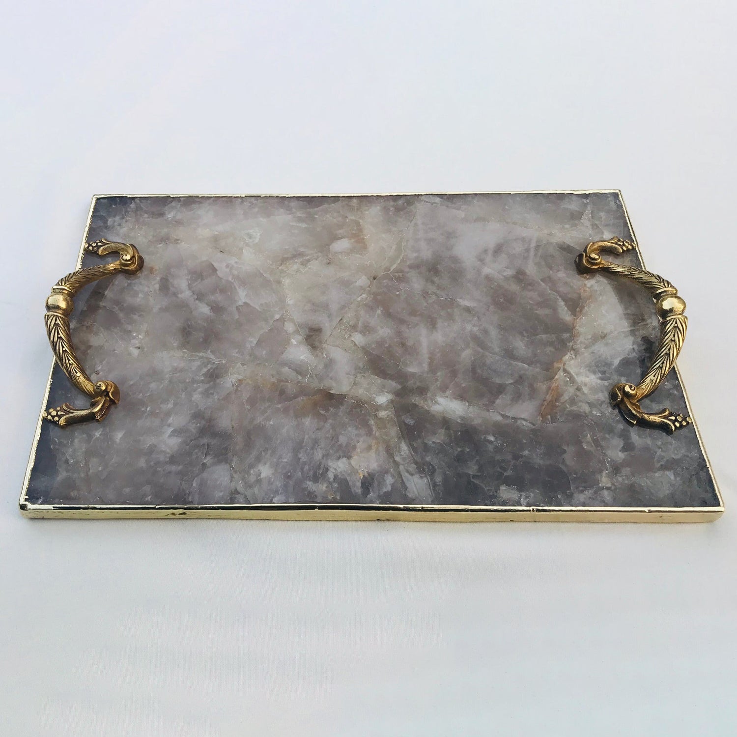 Smoky Quartz Agate  Serving Tray With Brass Handles-0