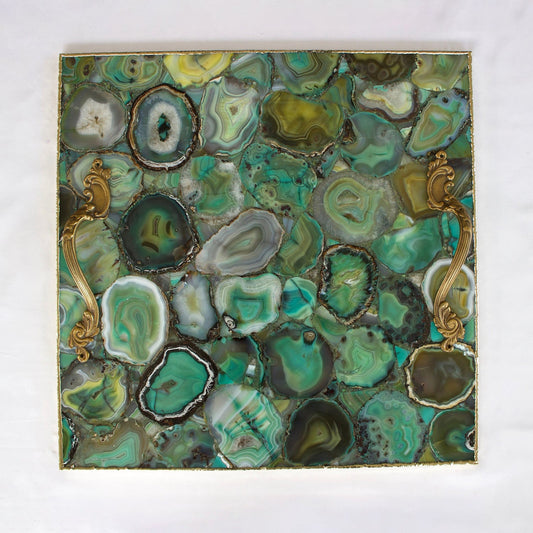 Light Green Agate Serving Tray With Brass Handles | Square-0