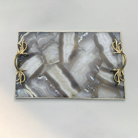 Wild Agate Serving Tray With Brass Handles-0
