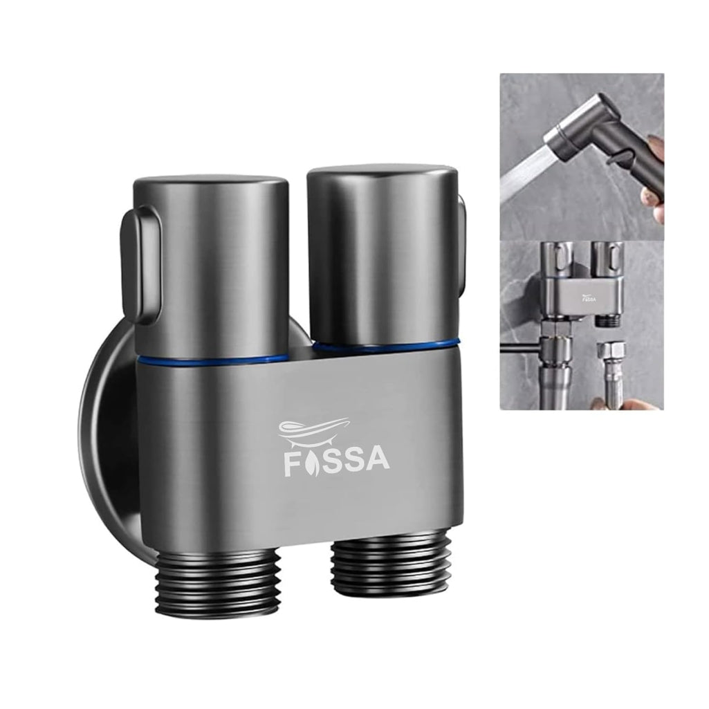 Fossa 2 in 1 Angle Cock Wall Mount Two Out Water Cleaning Sprayer Angle cock with Flange Brass Chrome Finish for Bathroom Wash Basin Toilet (Black)-0