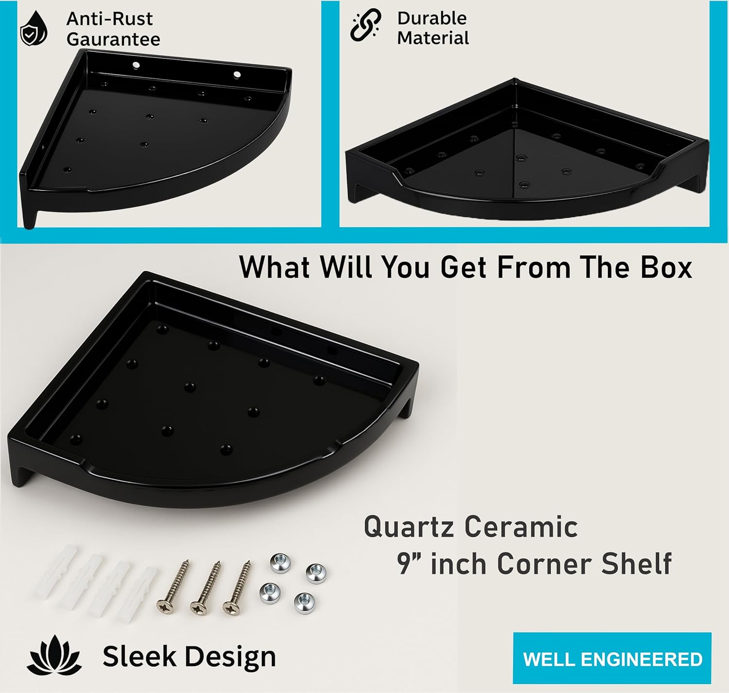 Fossa Classic Ceramic Corner Wall Shelf for Bathroom & Living Room β Wall Mounted Corner Stand for Toilet | Space-Saving Waterproof Bathroom Corner Shelf Black Glossy Finish (Black)-3