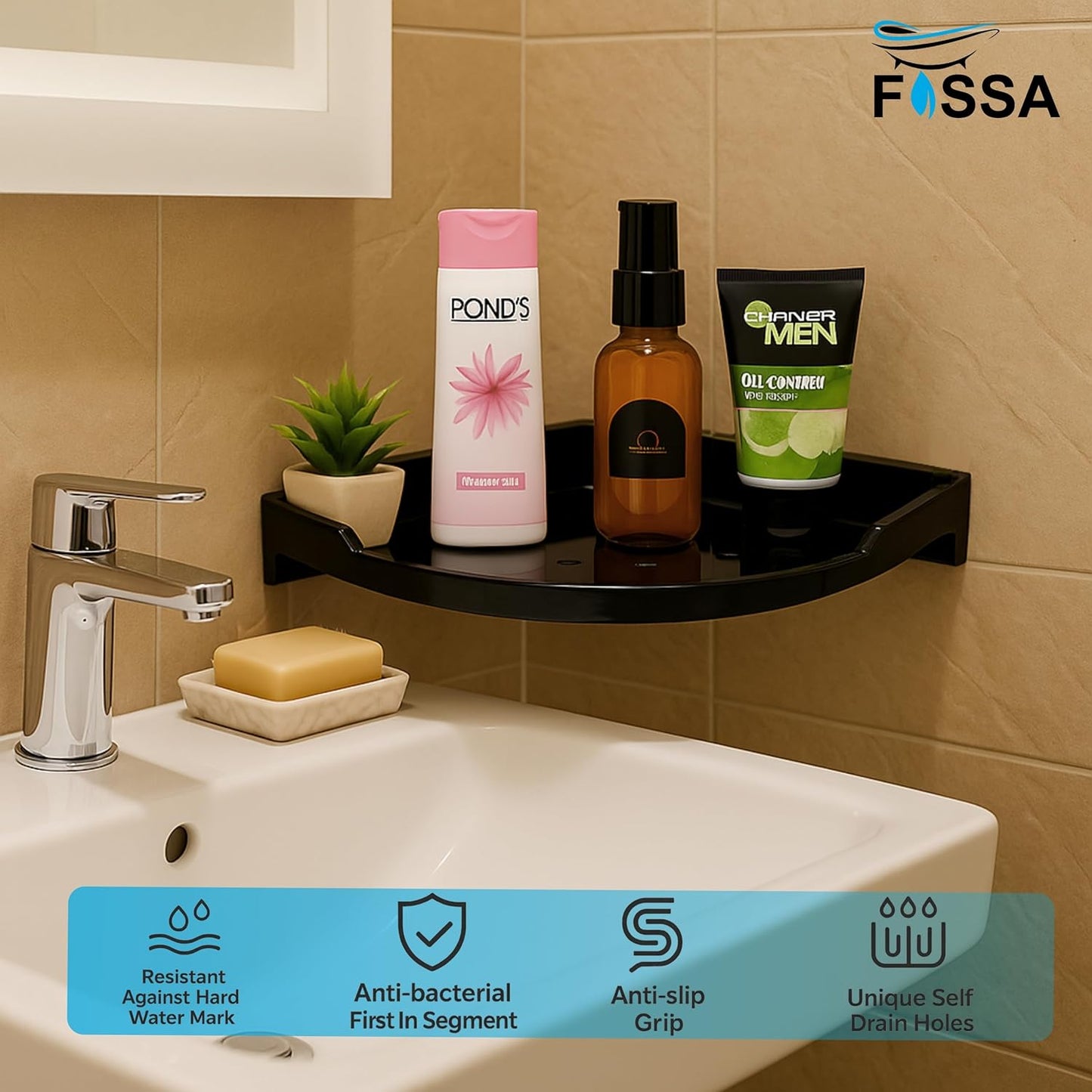 Fossa Classic Ceramic Corner Wall Shelf for Bathroom & Living Room β Wall Mounted Corner Stand for Toilet | Space-Saving Waterproof Bathroom Corner Shelf Black Glossy Finish (Black)-2