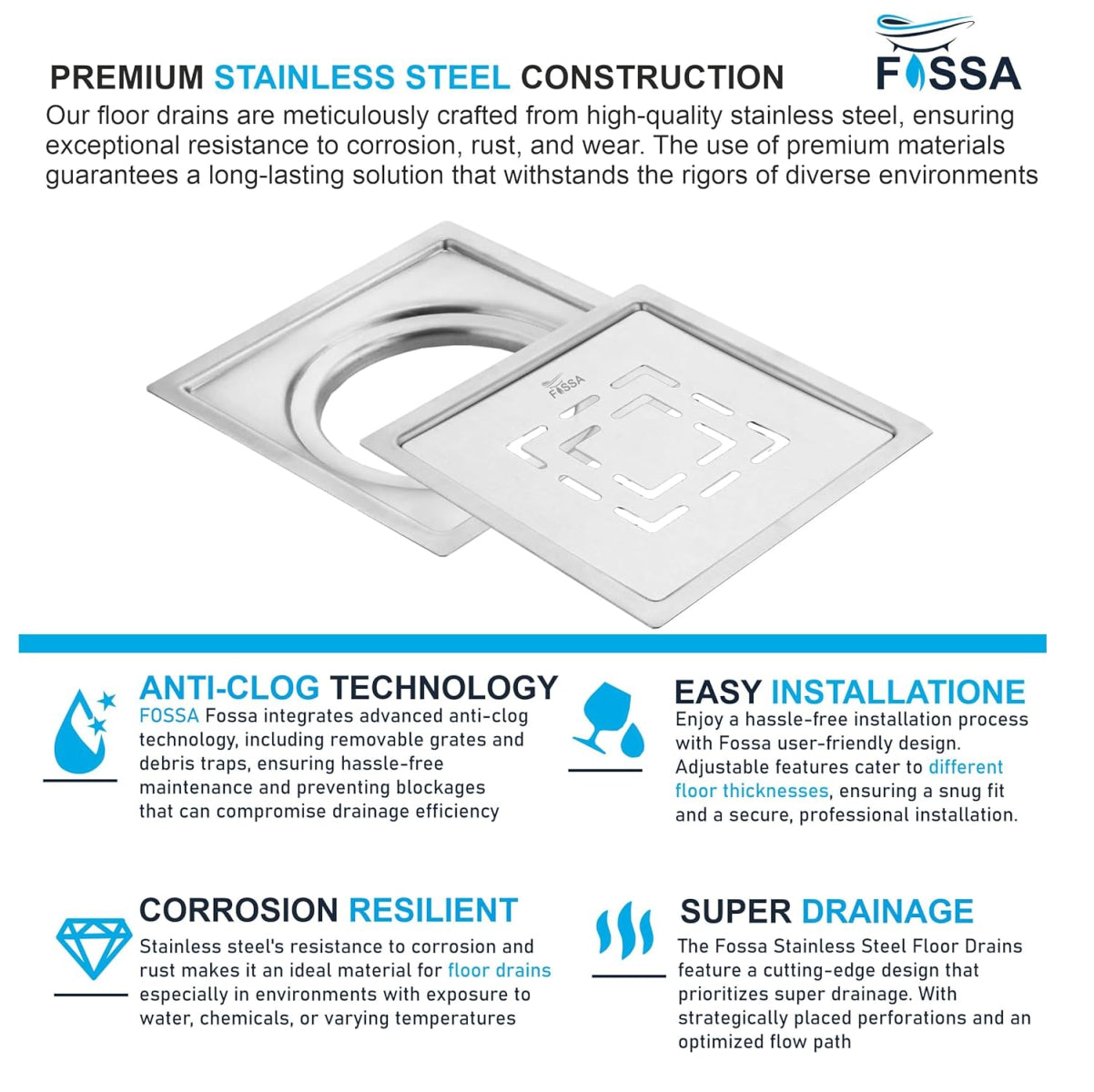 Fossa Apex 5"X5" Inch Floor Drain, Premium Stainless Steel, for Bathroom Grating Square Floor Drain Jali, Matte Finish-3