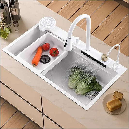 Fossa 30"x18"x10" inch Waterfall Premium Kitchen Sink with Integrated Waterfall Mode and Pull down Faucet with Steel Tray, Fruit Basket, and Complete Accessories Set - (White)-0