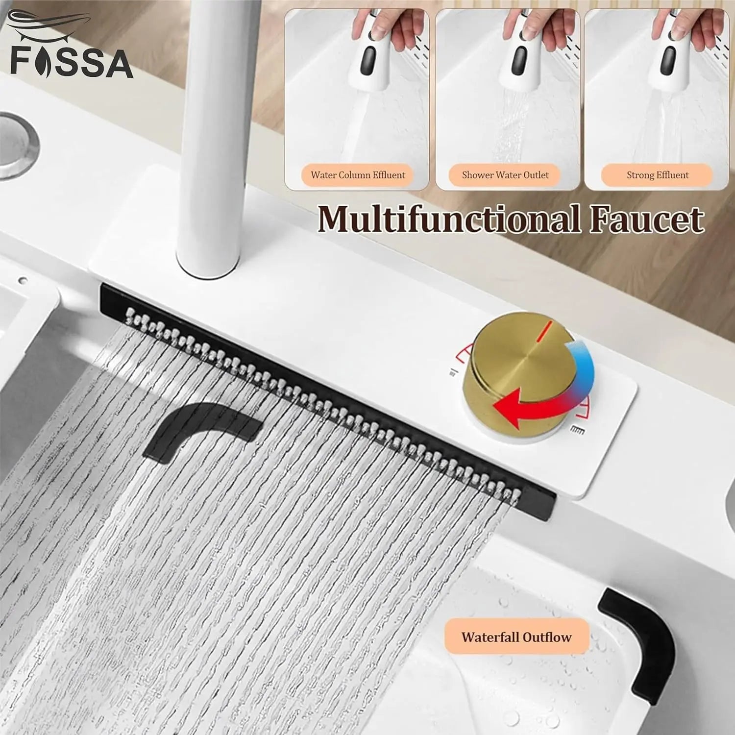 Fossa 30"x18"x10" inch Waterfall Premium Kitchen Sink with Integrated Waterfall Mode and Pull down Faucet with Steel Tray, Fruit Basket, and Complete Accessories Set - (White)-3