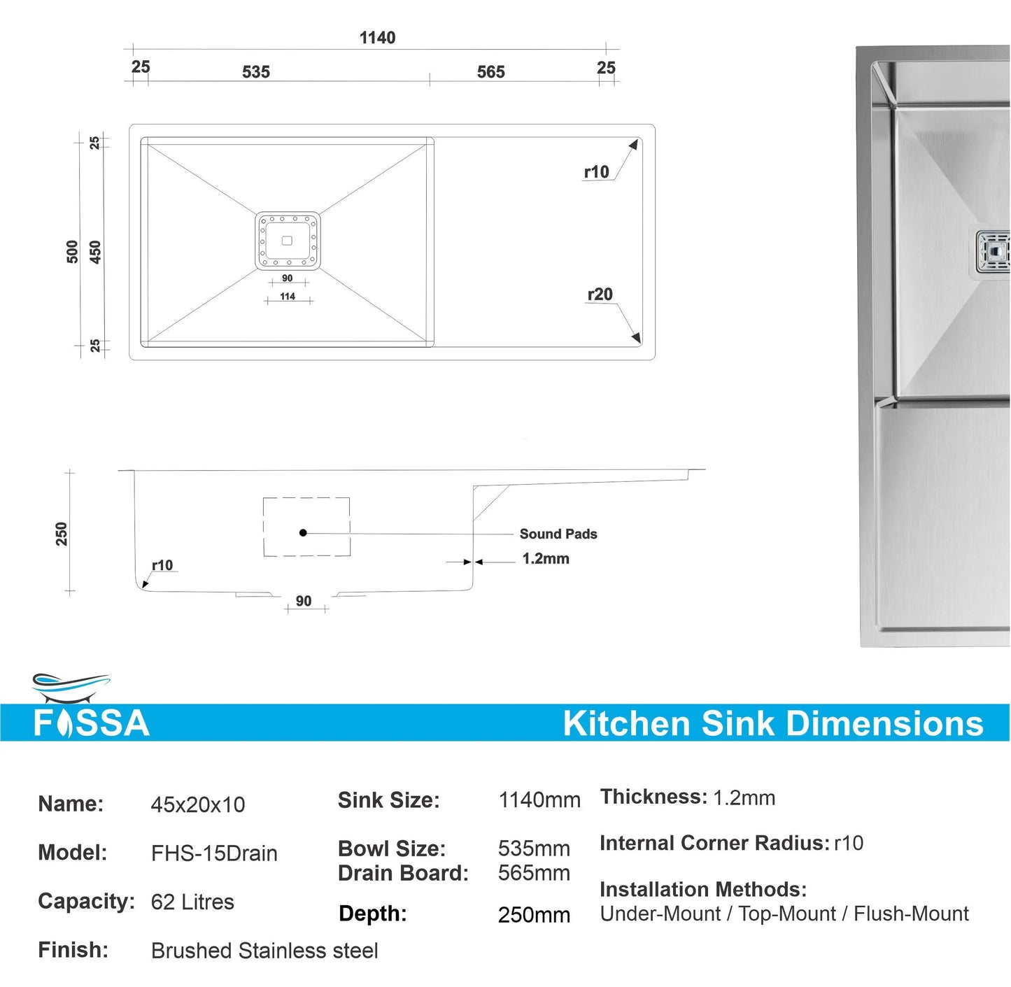 Fossa 45"x20"x10" Inch Single Bowl With Drain Board SS-304 Grade Stainless Steel Handmade Kitchen Sink Matte Finish Silver-1