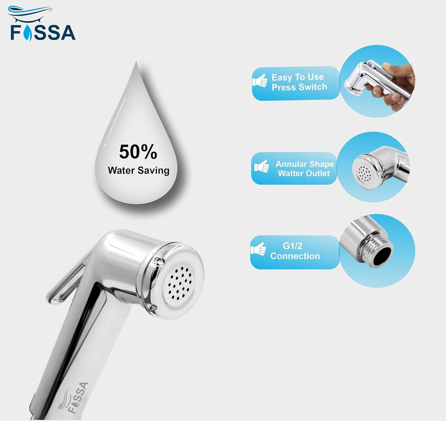 Fossa Mini Conti Hand Held Bidet Sprayer – ABS Plastic Health Faucet for Toilet with 1 Meter Premium Stainless Steel Hose Pipe & Hook | Chrome Finish Silver-2