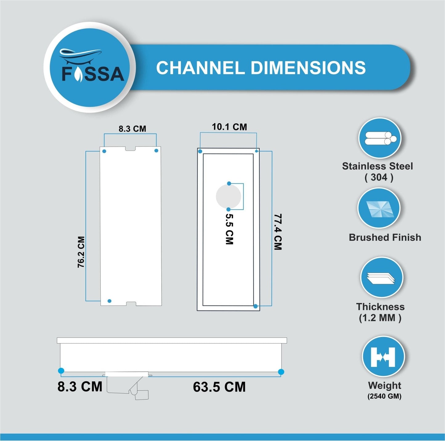 Fossa 30"x4" Shower Marble Tile Brushed Drain Side Hole Rectangular Floor Drain-1