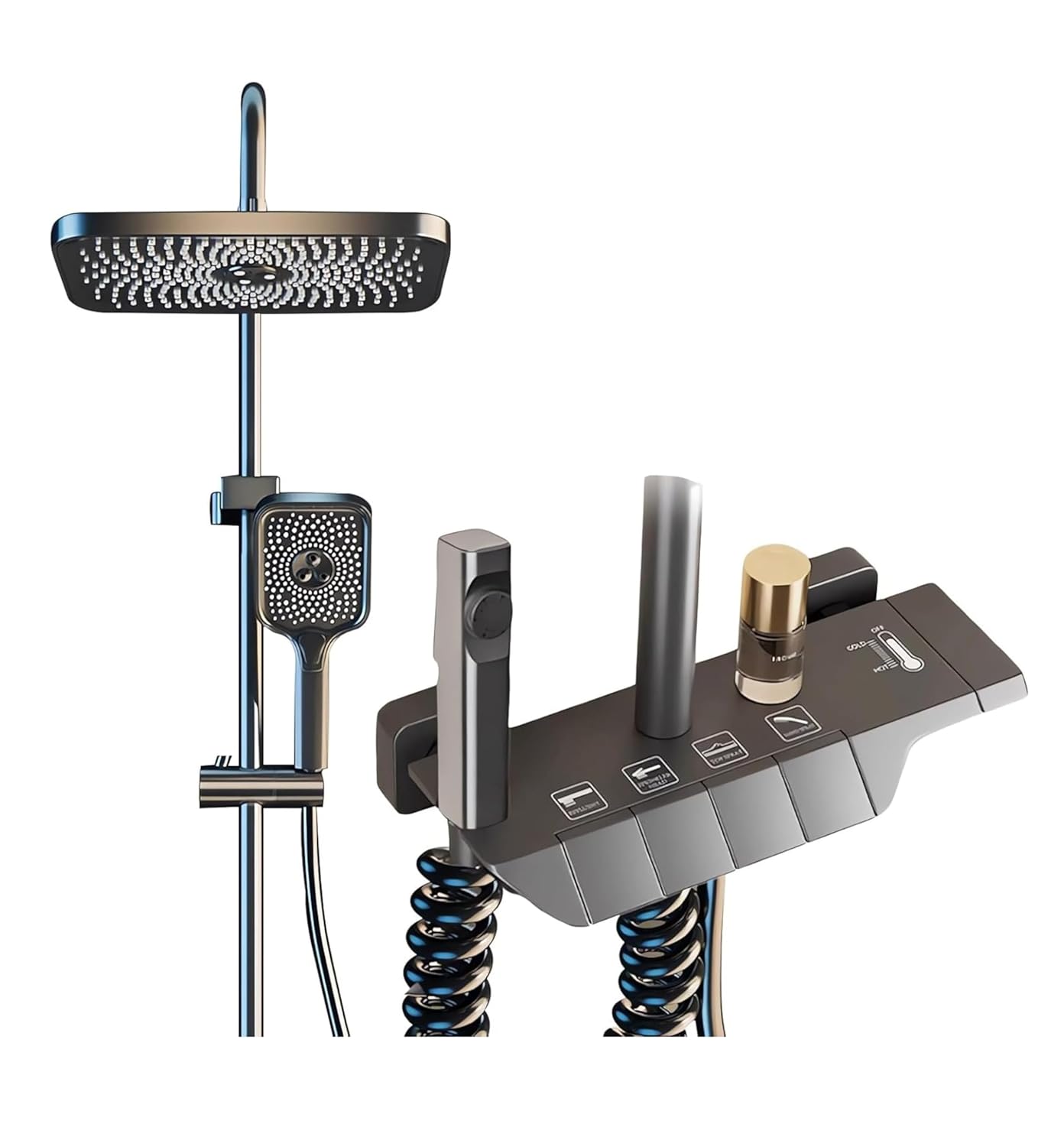 Fossa Spark Shower System with Thermostat Shower Set Wall Piano Button Shower Set Height Adjustable Rain Shower Set with Shower Fitting, 12 Inch Shower Head, Hand Shower, Bidet Spray, Gun (Grey) ( Heavy Weight )-0