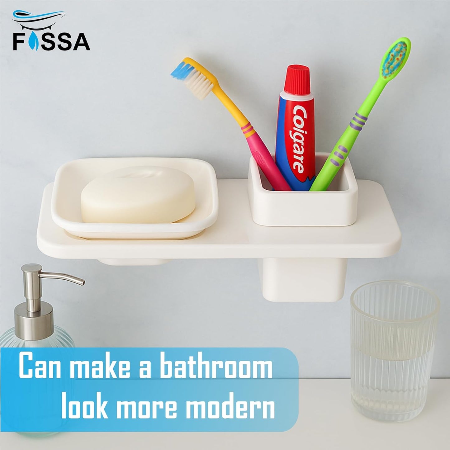 Fossa Classic Ceramic Wall Mounted Square Soap Dish with Toothbrush Holder β Unbreakable Design, Hygienic Surface, Rust & Fade Proof, Self-Drain Tray | Stylish Bathroom Organizer | White (Glossy Finish)-4