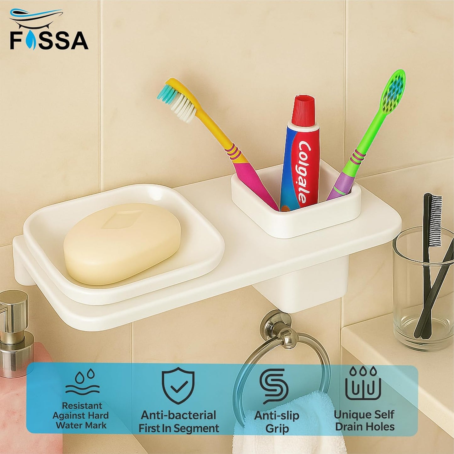Fossa Classic Ceramic Wall Mounted Square Soap Dish with Toothbrush Holder β Unbreakable Design, Hygienic Surface, Rust & Fade Proof, Self-Drain Tray | Stylish Bathroom Organizer | White (Glossy Finish)-1