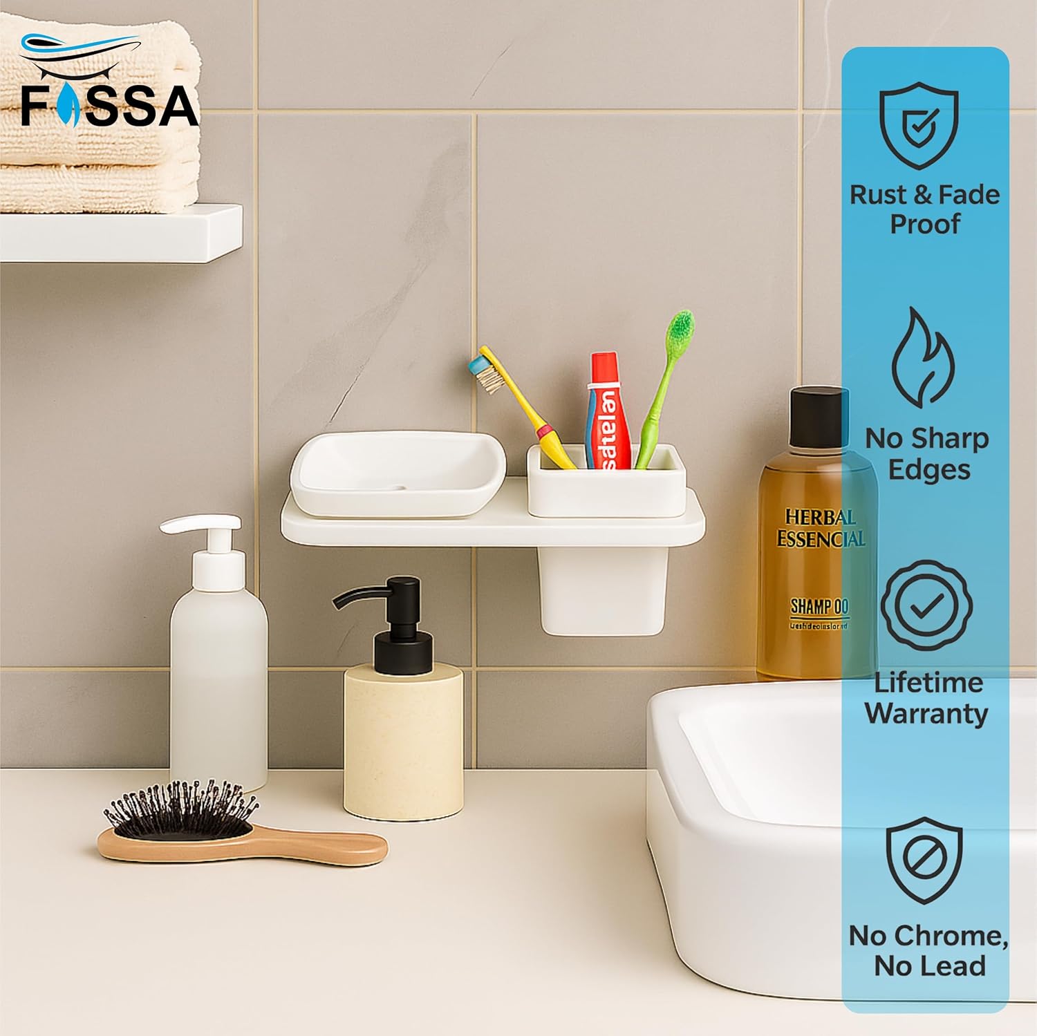 Fossa Classic Ceramic Wall Mounted Square Soap Dish with Toothbrush Holder β Unbreakable Design, Hygienic Surface, Rust & Fade Proof, Self-Drain Tray | Stylish Bathroom Organizer | White (Glossy Finish)-2