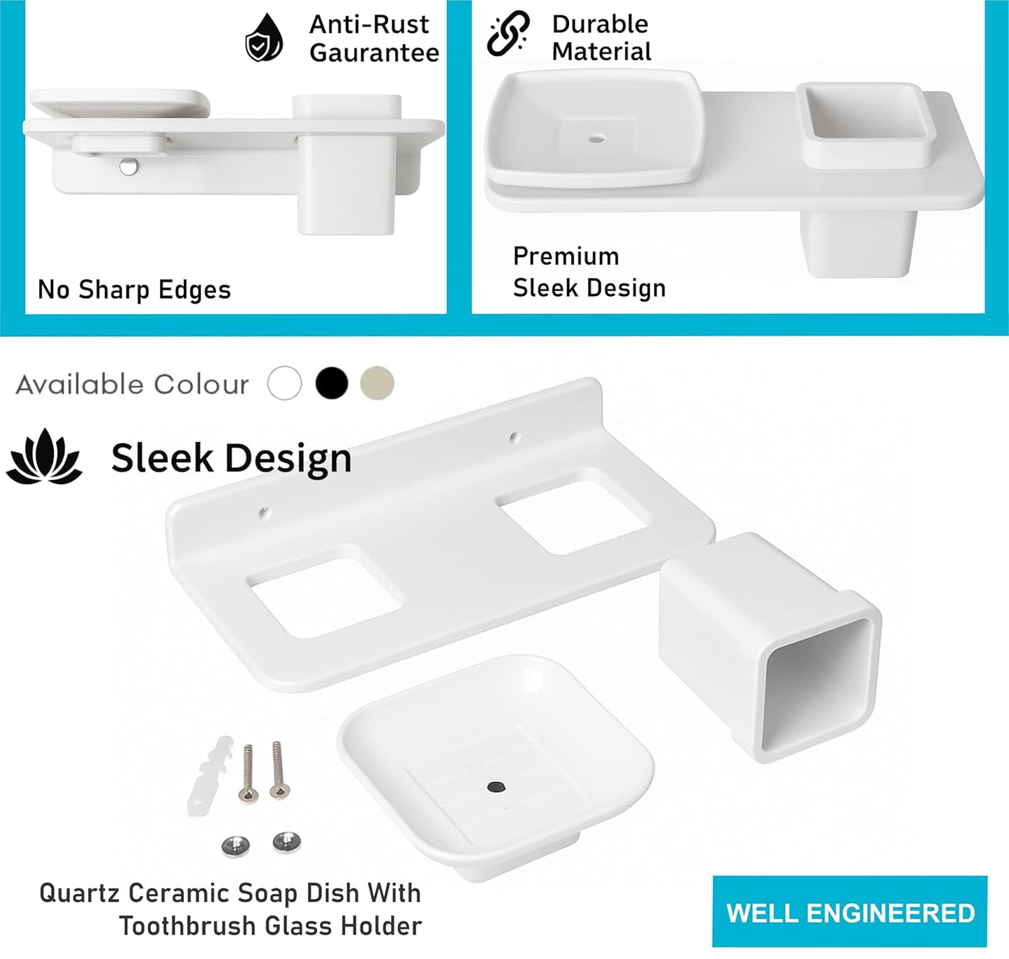 Fossa Classic Ceramic Wall Mounted Square Soap Dish with Toothbrush Holder β Unbreakable Design, Hygienic Surface, Rust & Fade Proof, Self-Drain Tray | Stylish Bathroom Organizer | White (Glossy Finish)-3