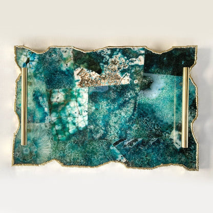 Large Composite Green Agate Serving Tray With Plain Modern Brass Handles/Personalised Momentos/Sign Boards 10"x15"-0