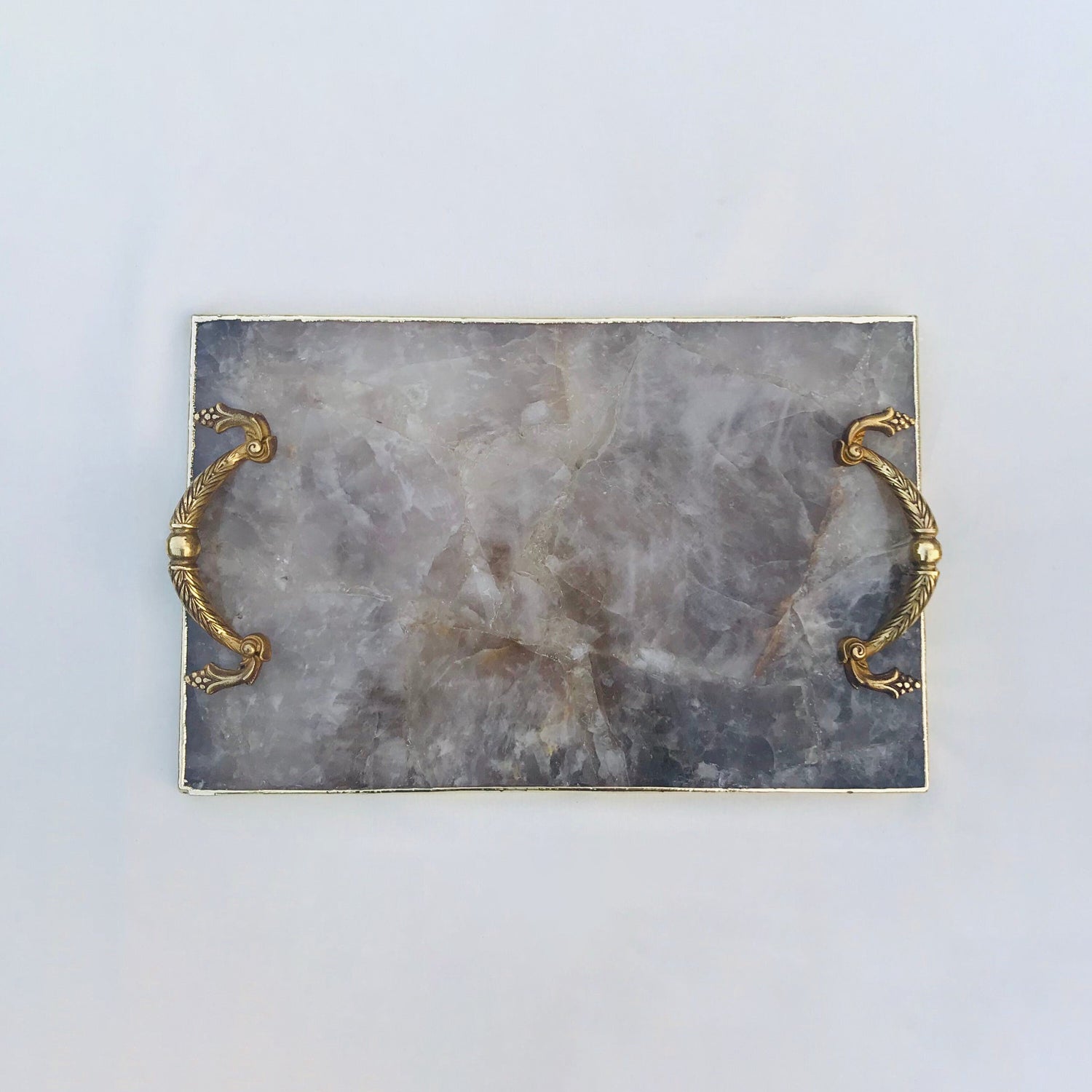 Smoky Quartz Agate  Serving Tray With Brass Handles-2