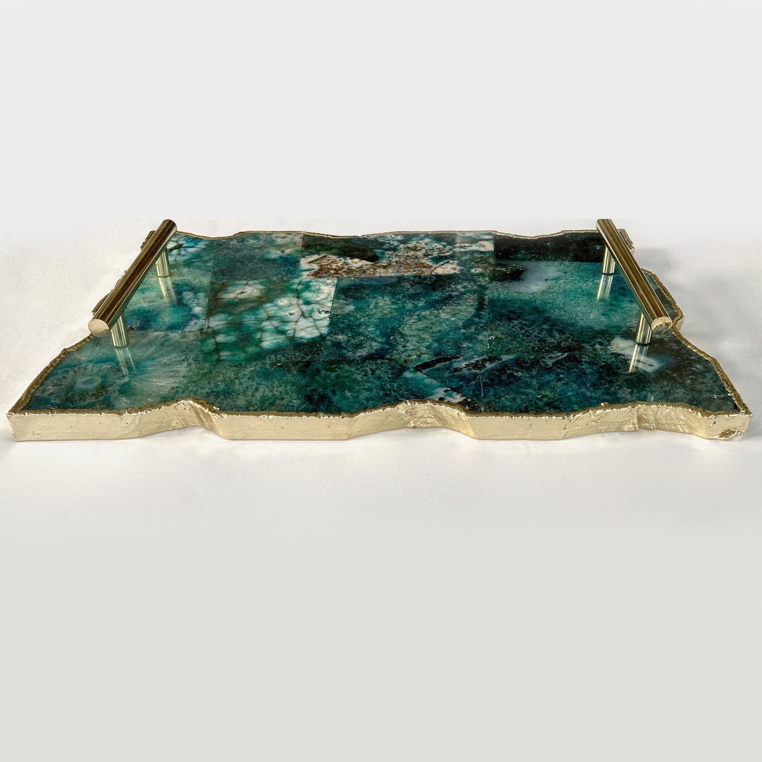 Large Composite Green Agate Serving Tray With Plain Modern Brass Handles/Personalised Momentos/Sign Boards 10"x15"-2