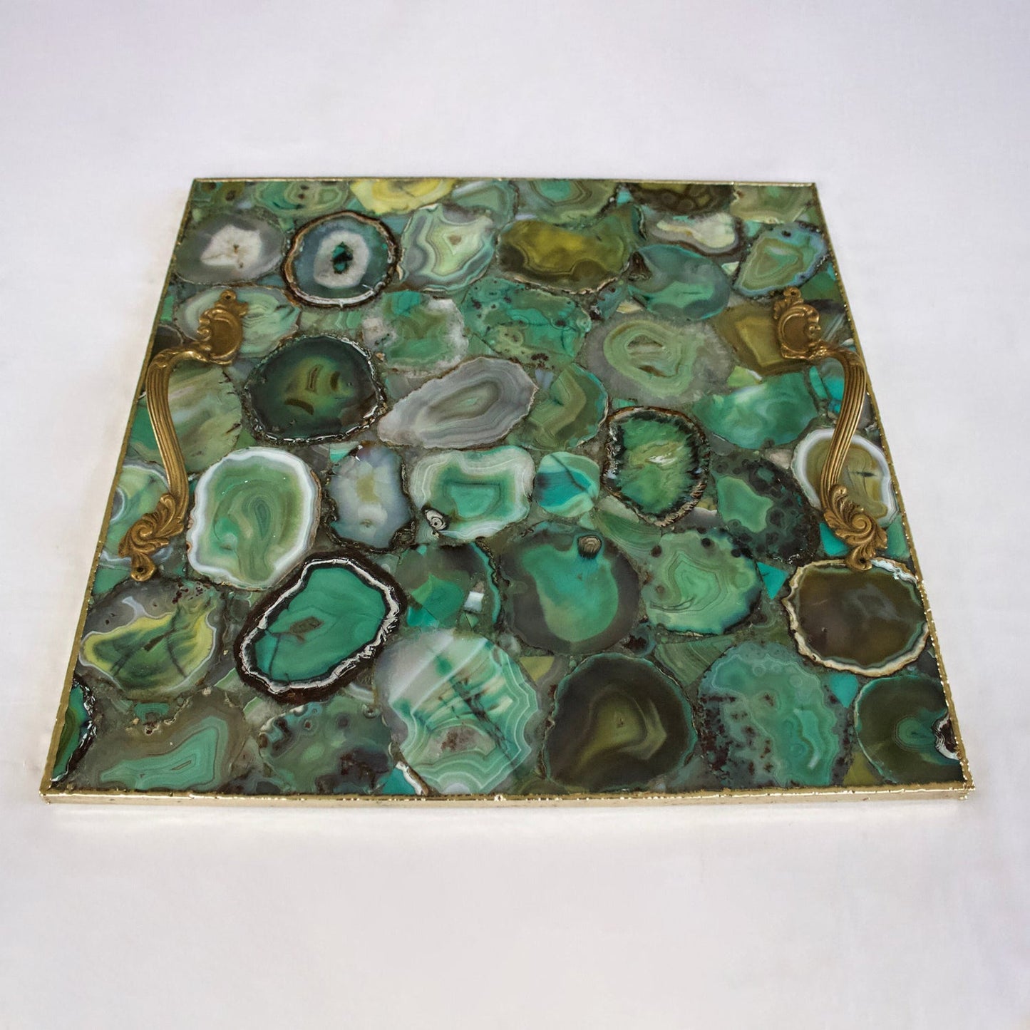 Light Green Agate Serving Tray With Brass Handles | Square-3