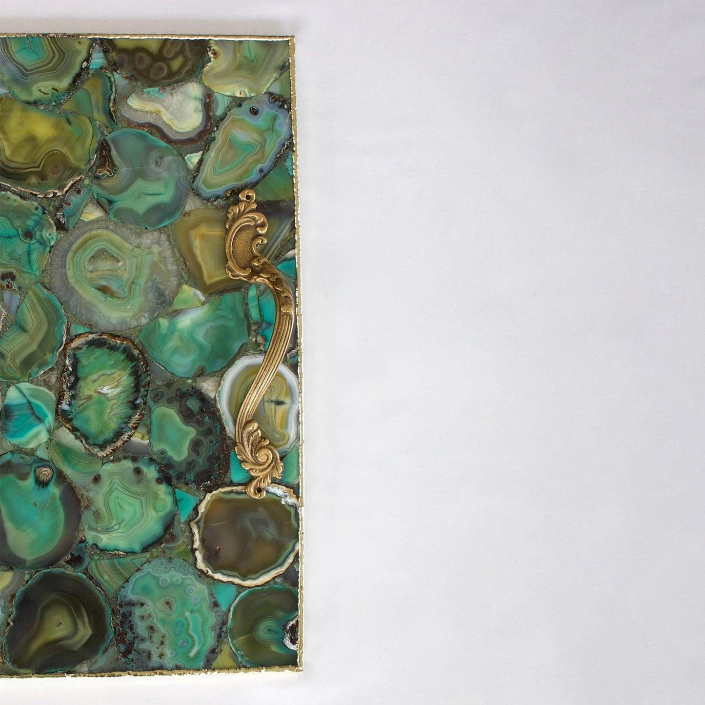 Light Green Agate Serving Tray With Brass Handles | Square-4