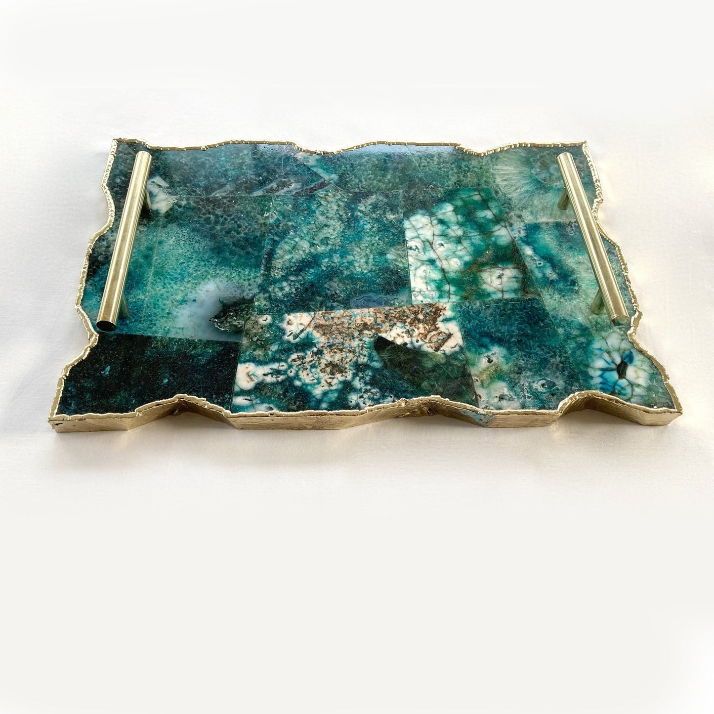 Large Composite Green Agate Serving Tray With Plain Modern Brass Handles/Personalised Momentos/Sign Boards 10"x15"-4