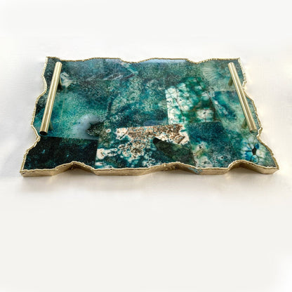 Large Composite Green Agate Serving Tray With Plain Modern Brass Handles/Personalised Momentos/Sign Boards 10"x15"-4