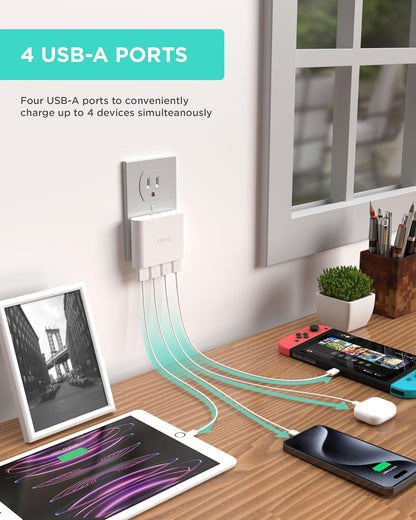 Slim 4-Port USB Wall Charger, AC Pro Multiport Plug Adapter, Phone Charging Block with 4 Ports, Flat USB Wall Adapter for Home & Travel