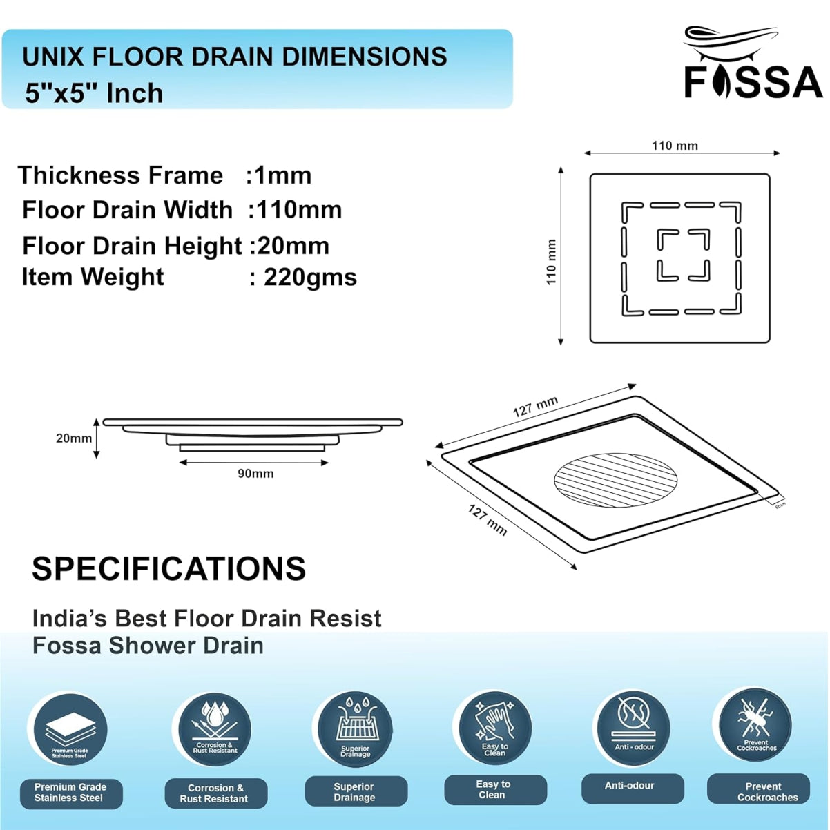 Fossa Apex 5"X5" Inch Floor Drain, Premium Stainless Steel, for Bathroom Grating Square Floor Drain Jali, Matte Finish-1