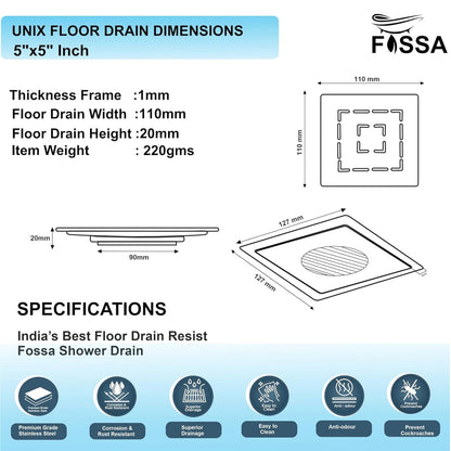 Fossa Apex 5"X5" Inch Floor Drain, Premium Stainless Steel, for Bathroom Grating Square Floor Drain Jali, Matte Finish-1