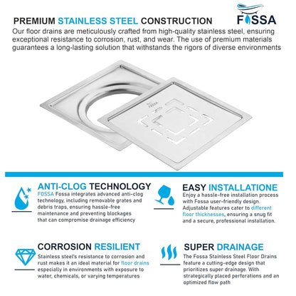 Fossa Apex 5"X5" Inch Floor Drain, Premium Stainless Steel, for Bathroom Grating Square Floor Drain Jali, Matte Finish-3