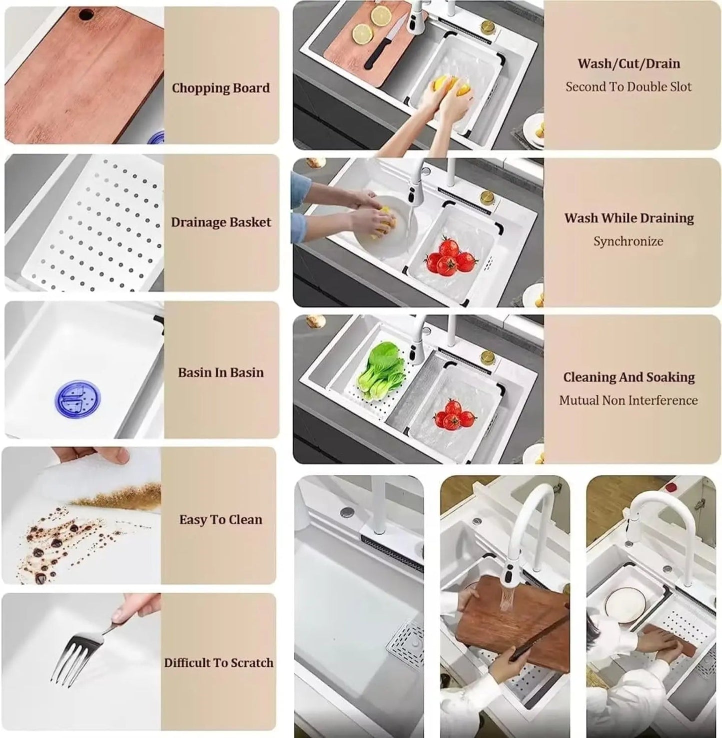 Fossa 30"x18"x10" inch Waterfall Premium Kitchen Sink with Integrated Waterfall Mode and Pull down Faucet with Steel Tray, Fruit Basket, and Complete Accessories Set - (White)-4