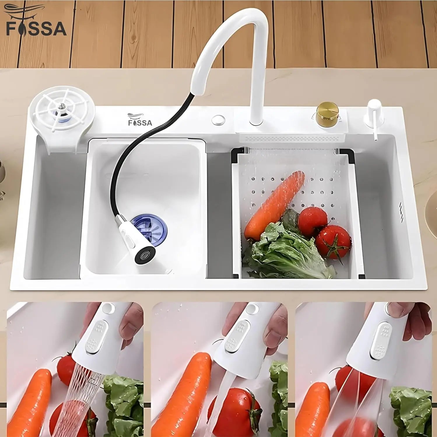 Fossa 30"x18"x10" inch Waterfall Premium Kitchen Sink with Integrated Waterfall Mode and Pull down Faucet with Steel Tray, Fruit Basket, and Complete Accessories Set - (White)-2