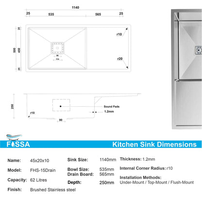 Fossa 45"x20"x10" Inch Single Bowl With Drain Board SS-304 Grade Stainless Steel Handmade Kitchen Sink Matte Finish Silver-1