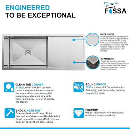 Fossa 45"x20"x10" Inch Single Bowl With Drain Board SS-304 Grade Stainless Steel Handmade Kitchen Sink Matte Finish Silver-2