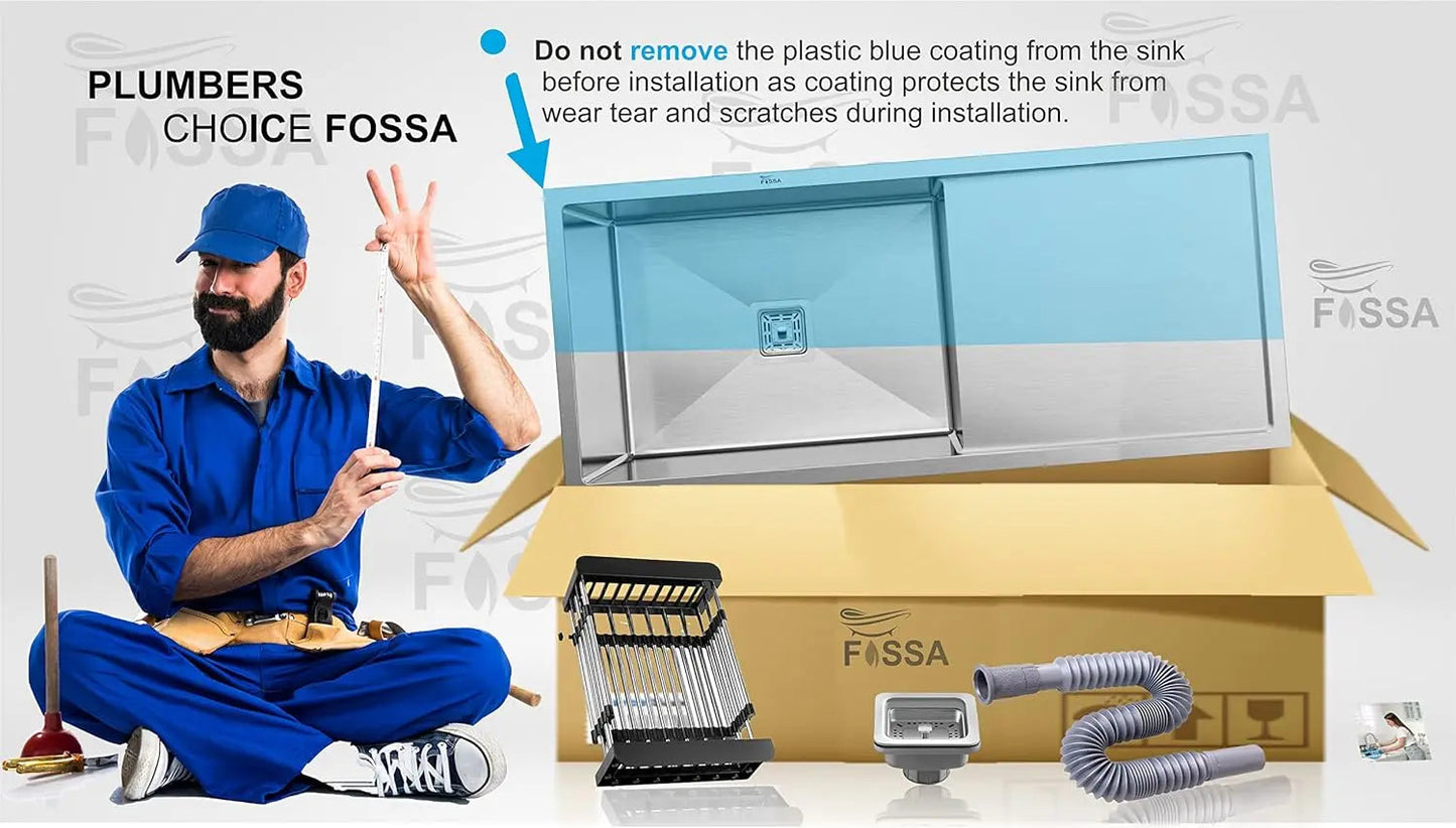 Fossa 45"x20"x10" Inch Single Bowl With Drain Board SS-304 Grade Stainless Steel Handmade Kitchen Sink Matte Finish Silver-4