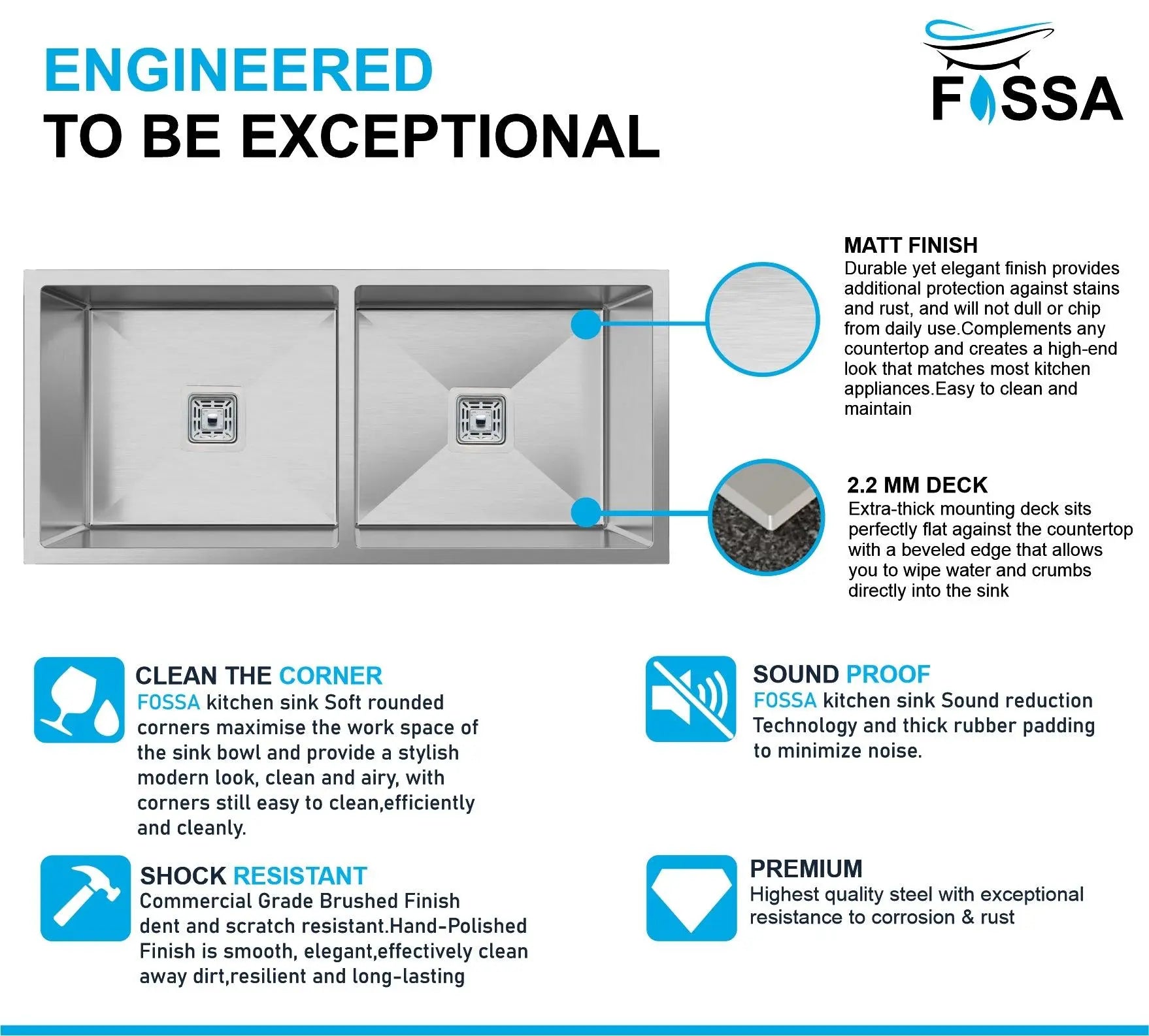 Fossa 32"x18"x10" Inch Double Bowl Premium Stainless Steel Handmade Kitchen Sink Silver-2