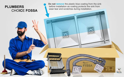 Fossa 32"x18"x10" Inch Double Bowl Premium Stainless Steel Handmade Kitchen Sink Silver-4