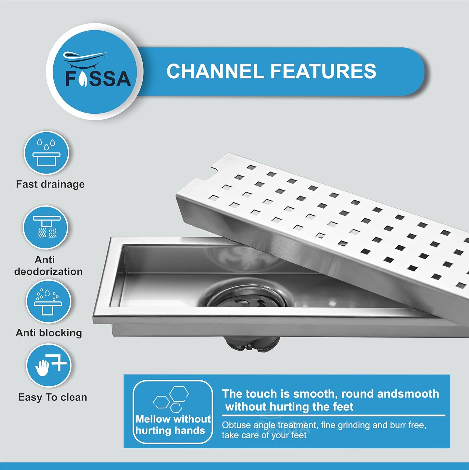 Fossa 24"x4" Inch Shower Ultra Brushed Drain Side Hole Rectangular Floor Drain with Accessories Square Hole Pattern Cover Grate Removable 304 Stainless Steel (24 inch)-3