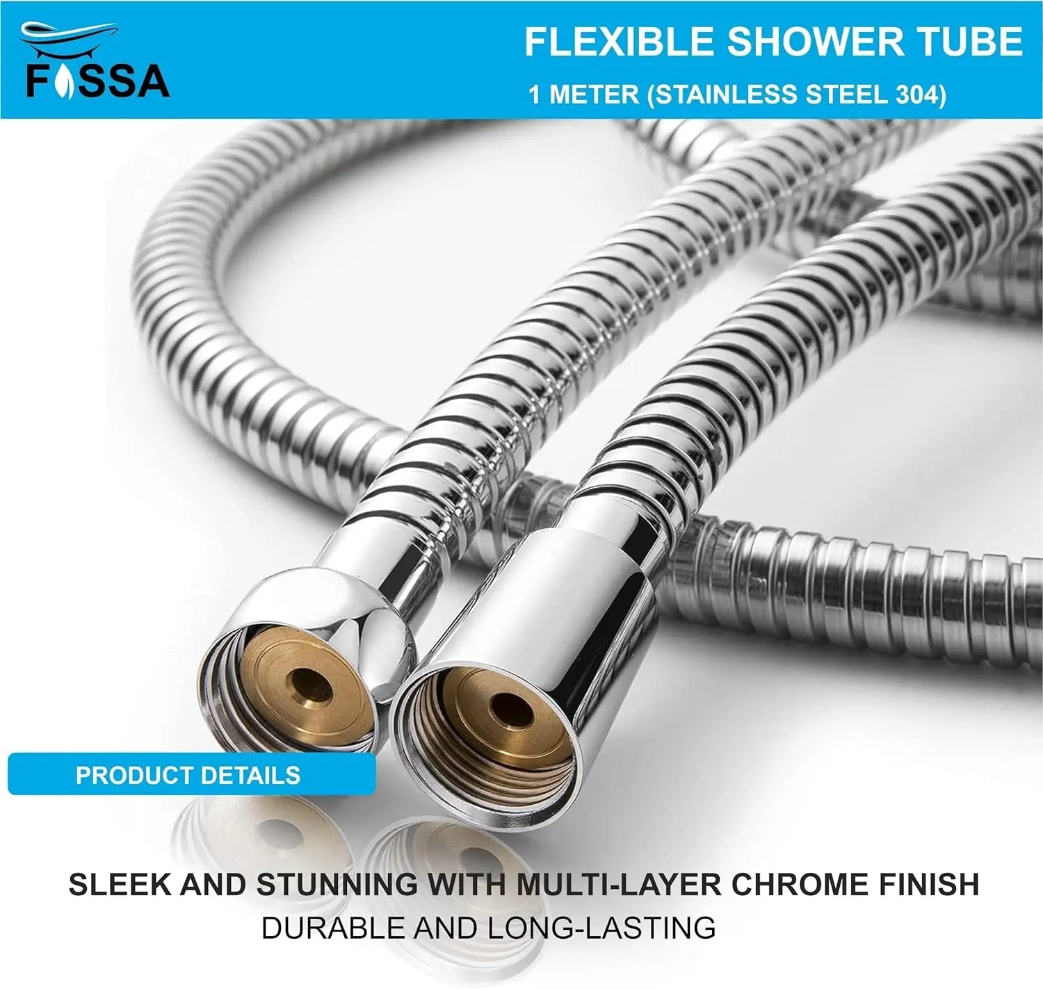 Fossa 1 m Shower Hose Pipe | 304 Stainless Steel | Chrome Finish | Anti-Twist, Leak-Proof, Universal Fit-1
