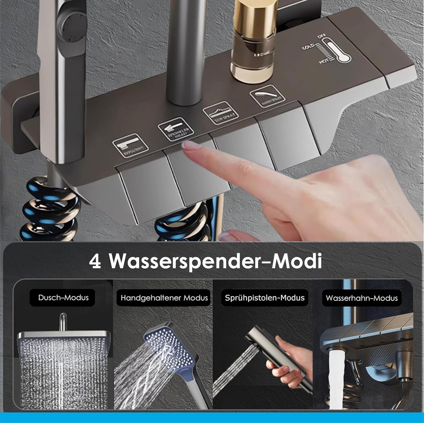 Fossa Spark Shower System with Thermostat Shower Set Wall Piano Button Shower Set Height Adjustable Rain Shower Set with Shower Fitting, 12 Inch Shower Head, Hand Shower, Bidet Spray, Gun (Grey) ( Heavy Weight )-2